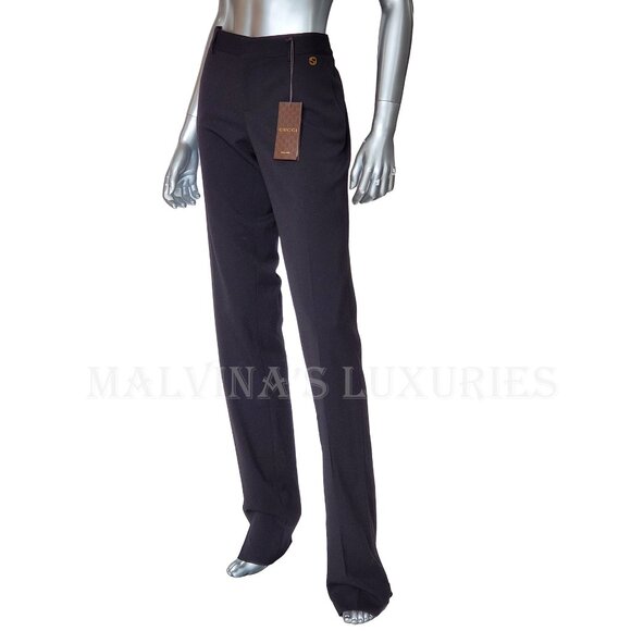 GUCCI PANTS BLACK STRETCH WOOL TROUSERS w LOGO DETAIL sz IT 44 US 8 - Picture 2 of 13